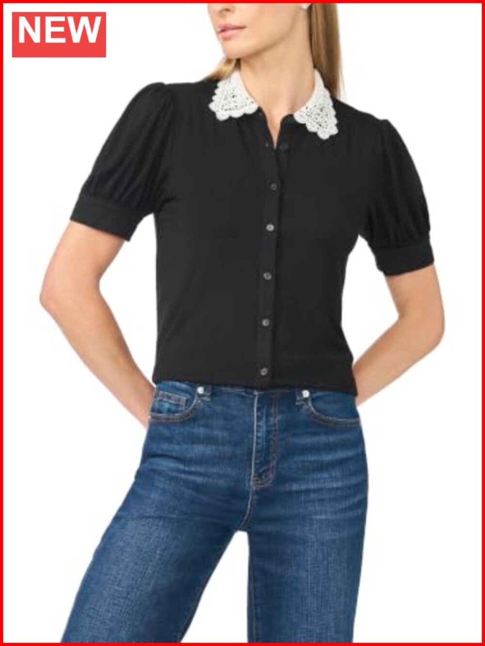 Women's Short Sleeve Shirt with Scallop Trim Collar